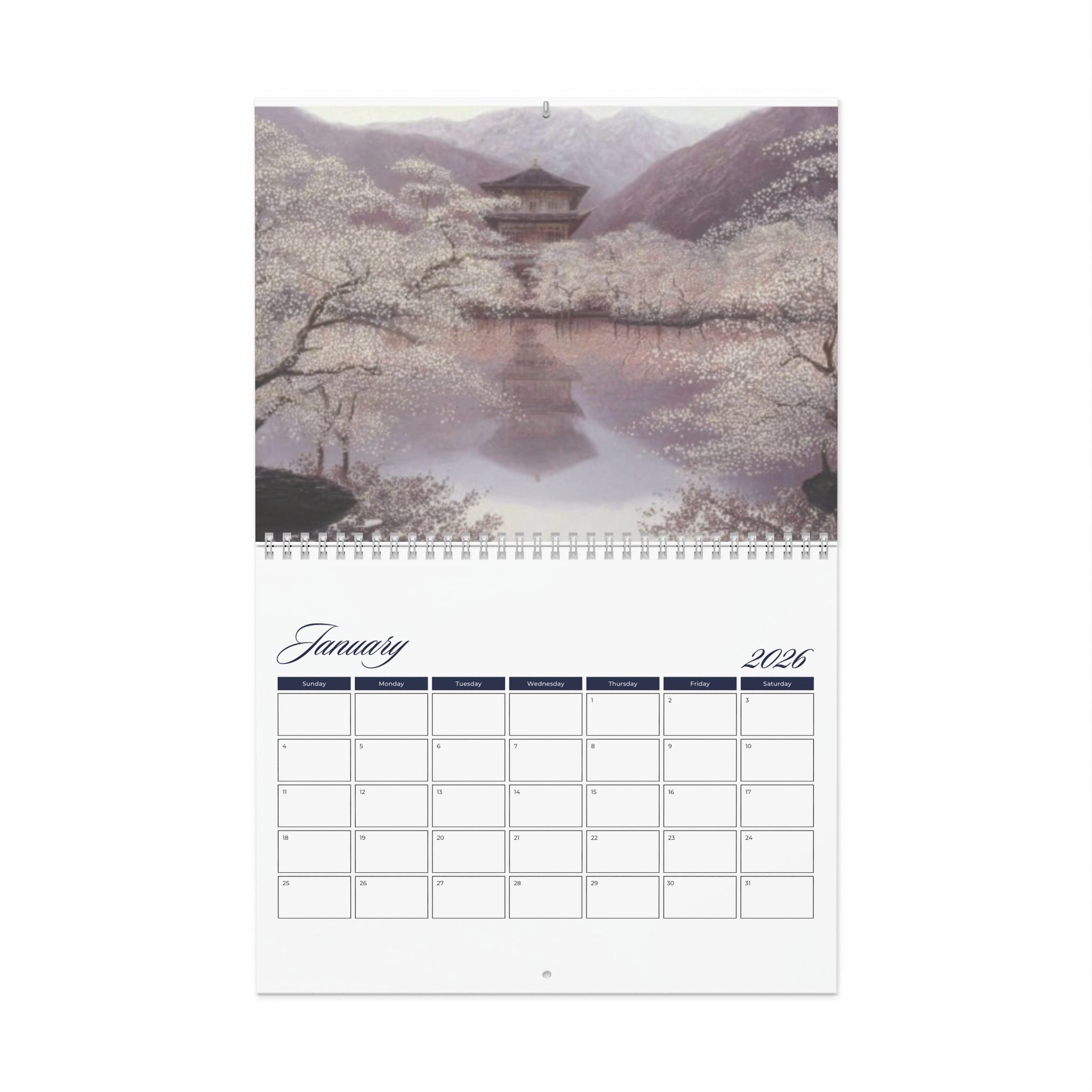 Cherry Blossom Temple Wall Calendar | Scenic Monthly Calendar 12-Month